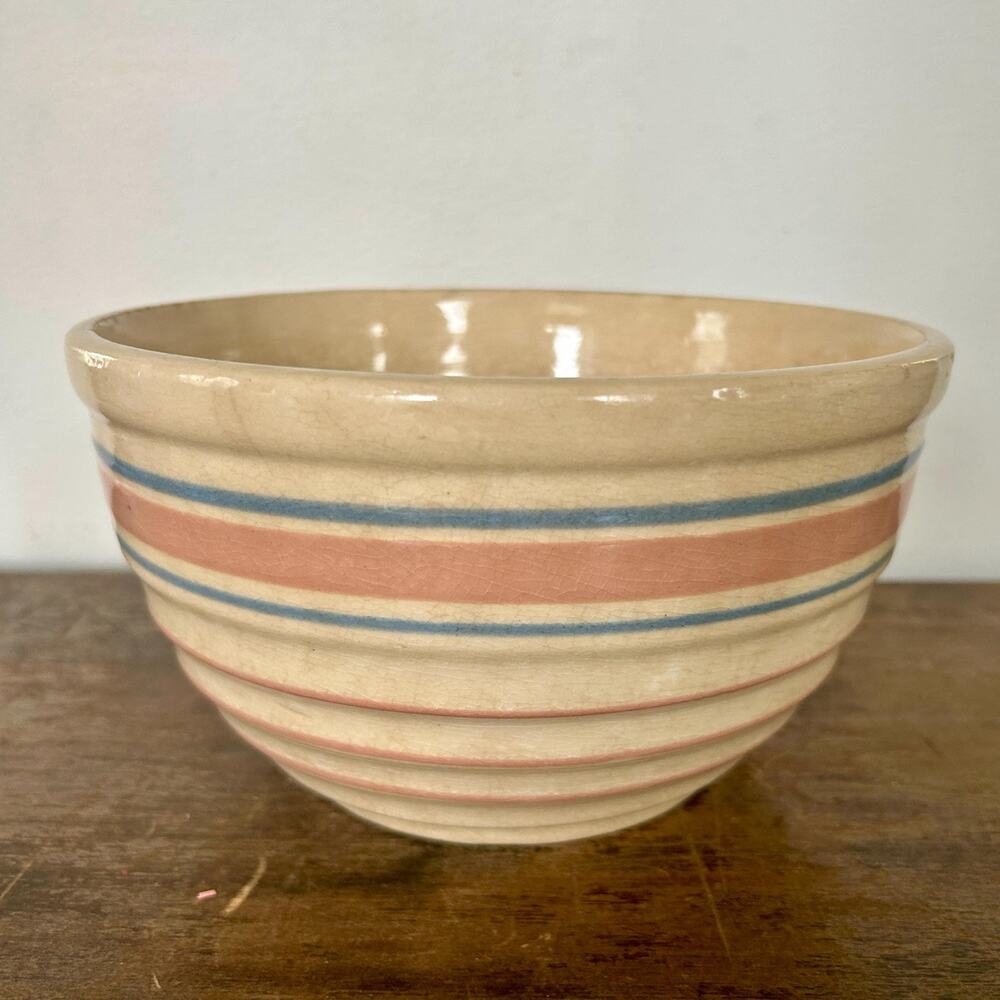 Antique Roseville Mixing Bowl | Pink Blue Stripe Pottery | Cottage Kitchen Decor